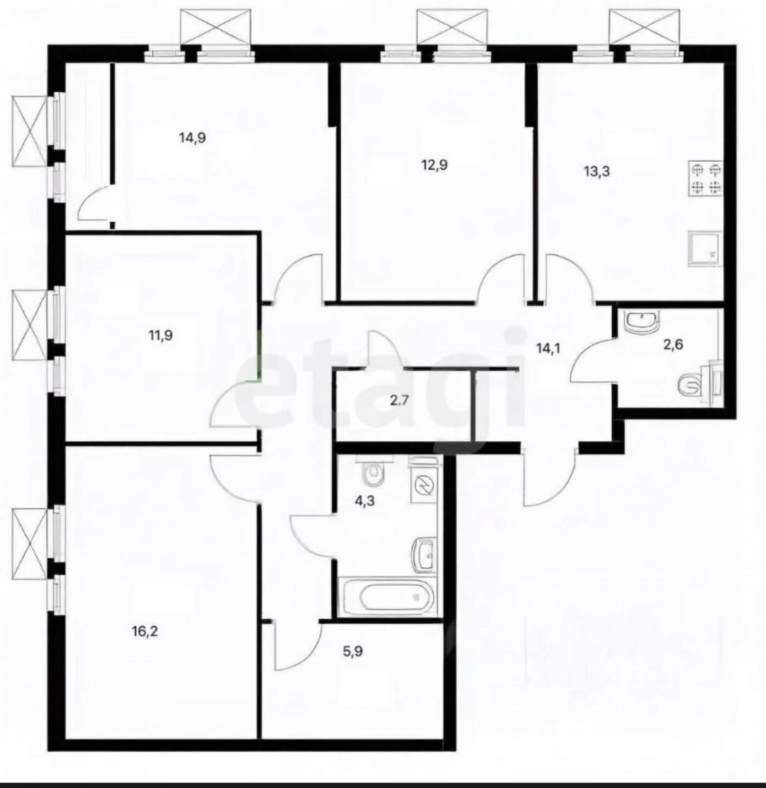 4-комнатная 97.4 м2 в ЖК undefined корпус null этаж 6