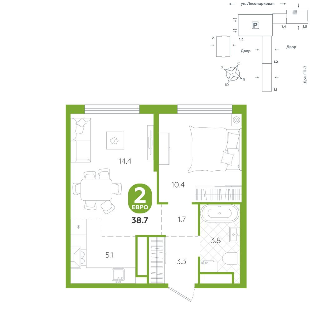 1-комнатная 38 м2 в ЖК Чистые пруды корпус null этаж 22