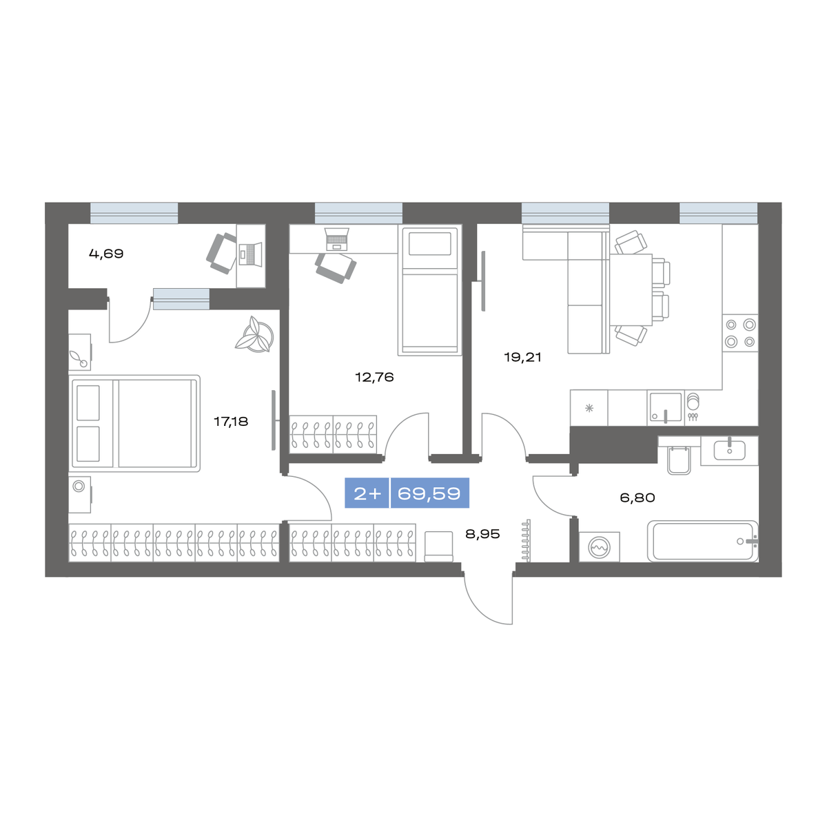 2-комнатная 69 м2 в ЖК Пятнашка корпус null этаж 3