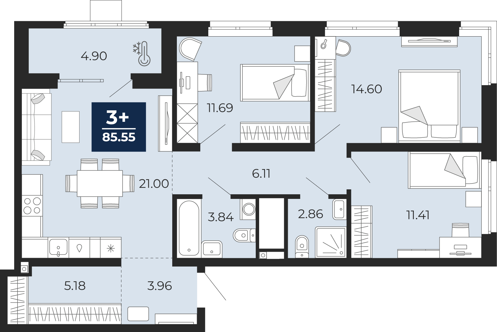 3-комнатная 80 м2 в ЖК Мириады корпус null этаж 8