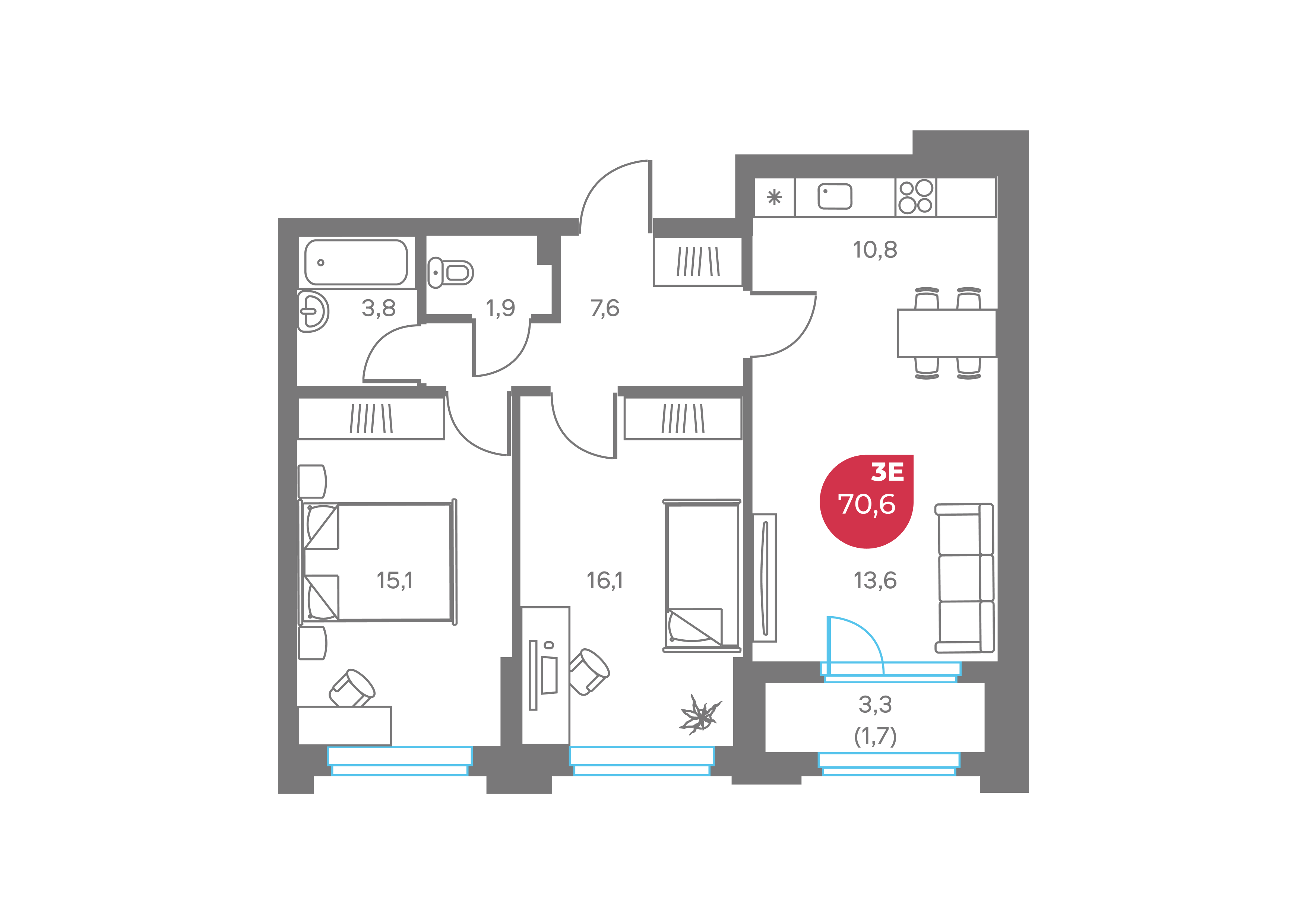 3-комнатная 70 м2 в ЖК Кама корпус null этаж 2