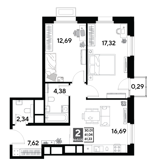 2-комнатная 61 м2 в ЖК EVO корпус null этаж 20