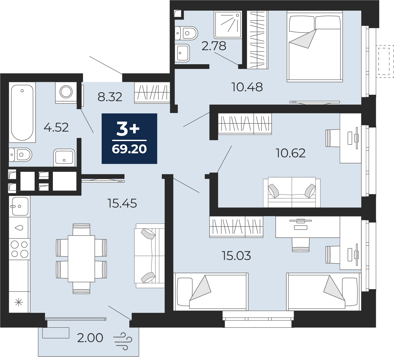 3-комнатная 67 м2 в ЖК Беринг корпус null этаж 9