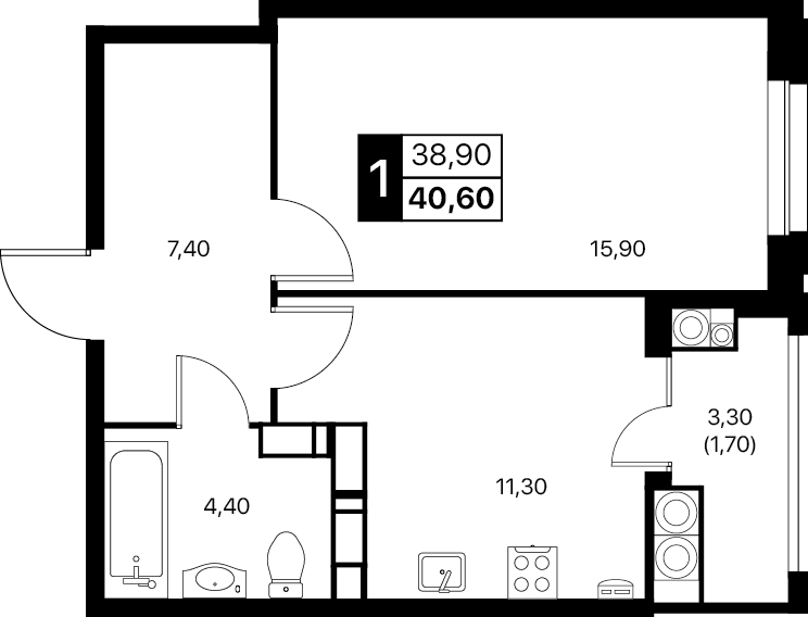 1-комнатная 40 м2 в ЖК Эстет корпус null этаж 15