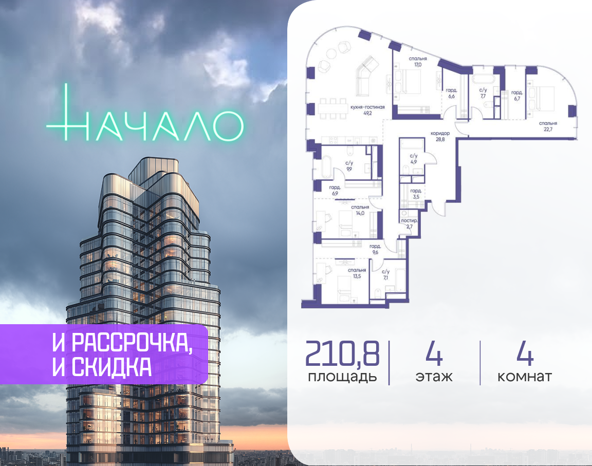 4-комнатная 210 м2 в ЖК Начало корпус null этаж 4