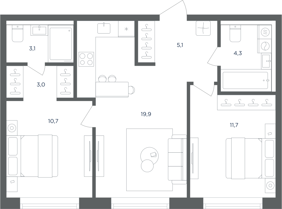 2-комнатная 57 м2 в ЖК Равновесие корпус null этаж 3