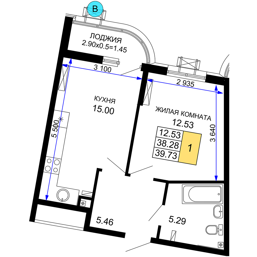 1-комнатная 39 м2 в ЖК Фонтаны корпус null этаж 2