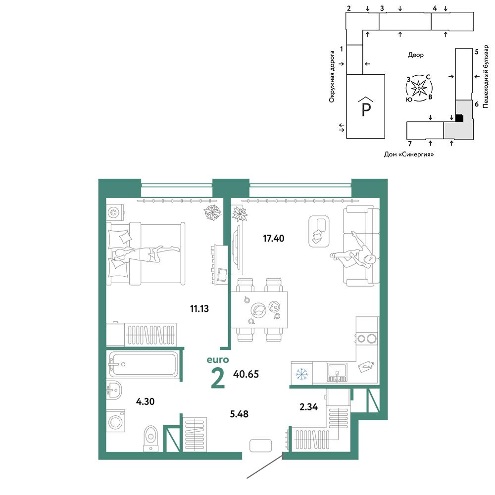 2-комнатная 40 м2 в ЖК Юнион корпус null этаж 13
