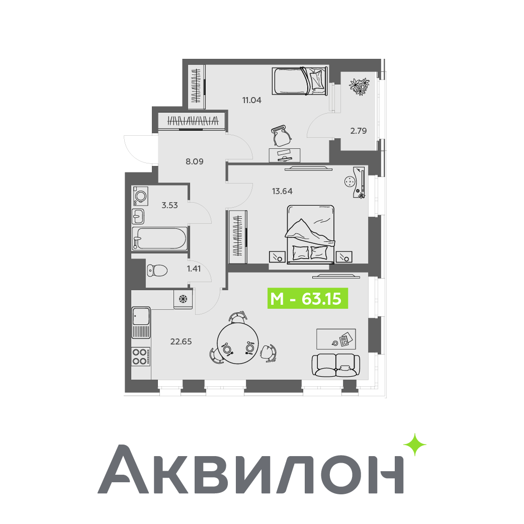 Студия 63 м2 в ЖК Аквилон АКВАРТАЛ корпус null этаж 2