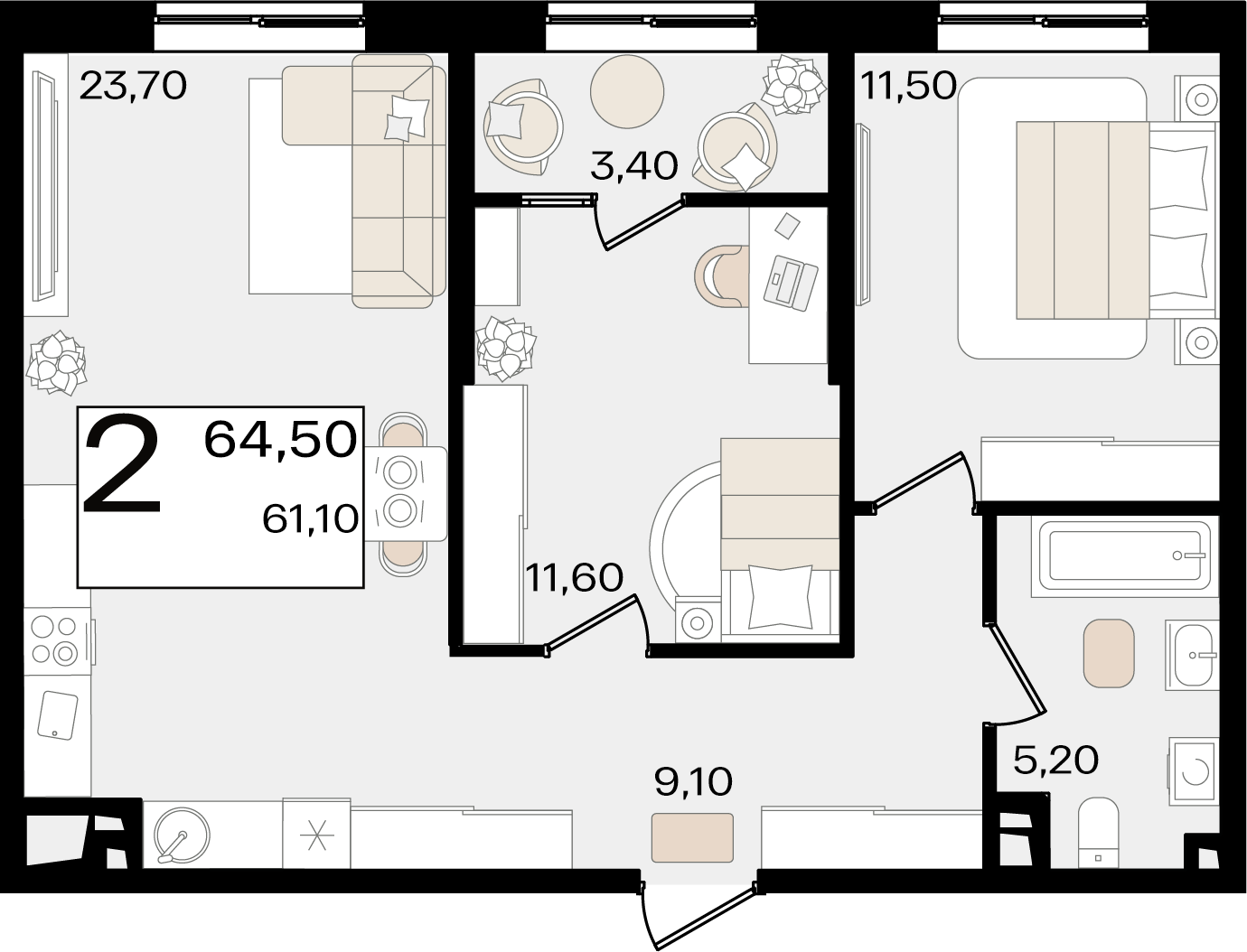2-комнатная 64 м2 в ЖК Патрики корпус null этаж 5