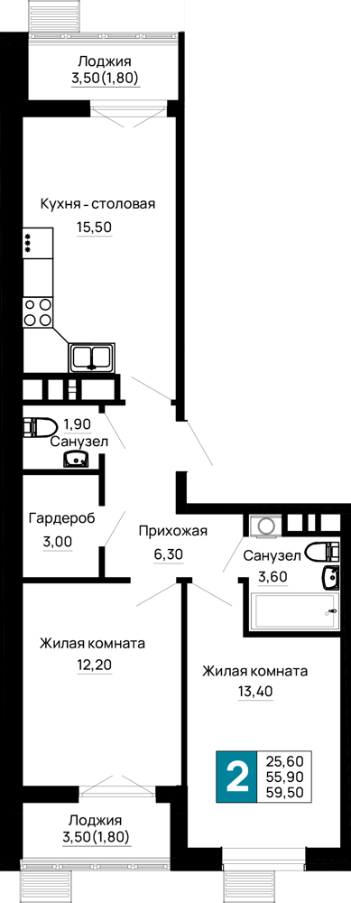 2-комнатная 59 м2 в ЖК Традиции корпус null этаж 8