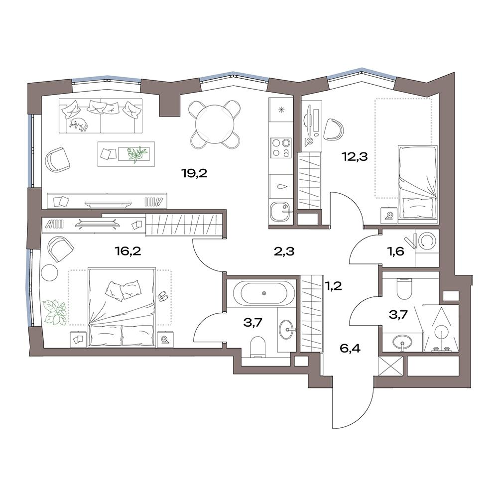 3-комнатная 66 м2 в ЖК Акценты корпус null этаж 10