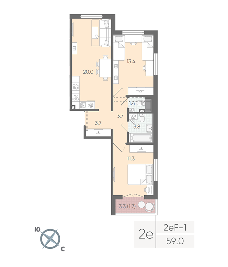 2-комнатная 59 м2 в ЖК Пейзажный квартал корпус null этаж 21