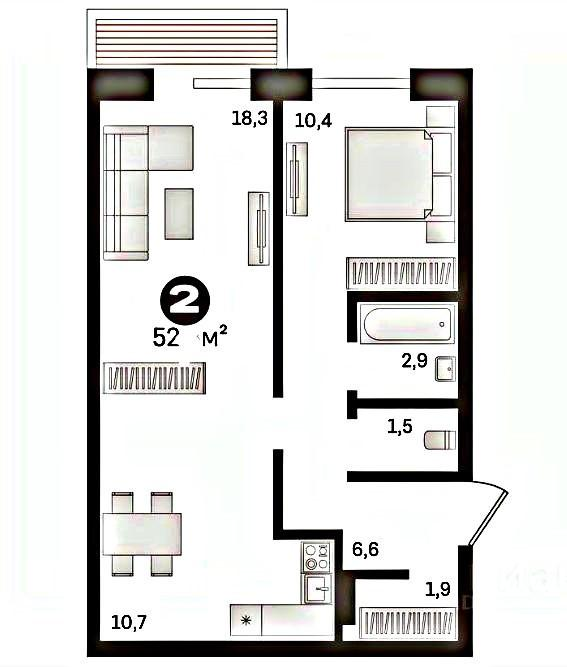2-комнатная 52 м2 в ЖК undefined корпус null этаж 8