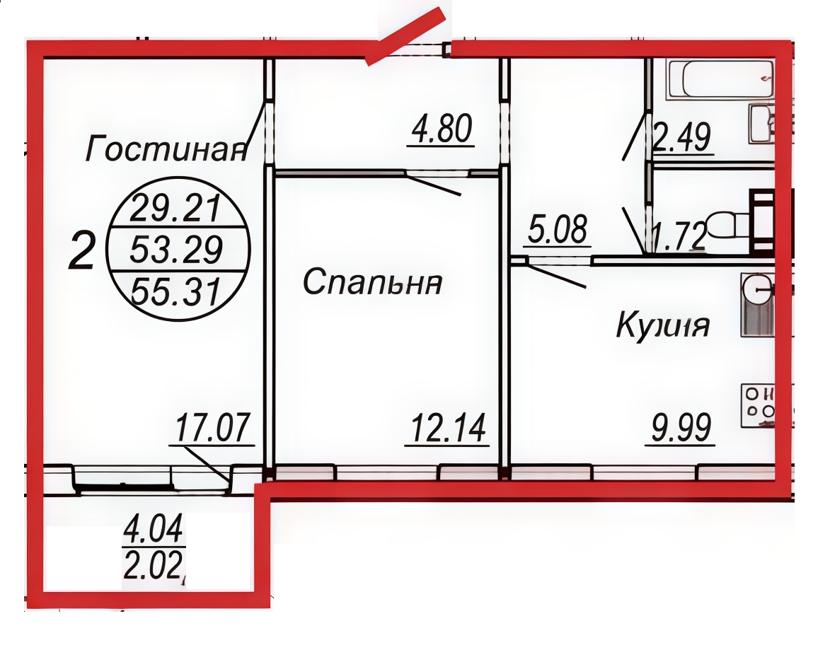 2-комнатная 55.3 м2 в ЖК undefined корпус null этаж 9
