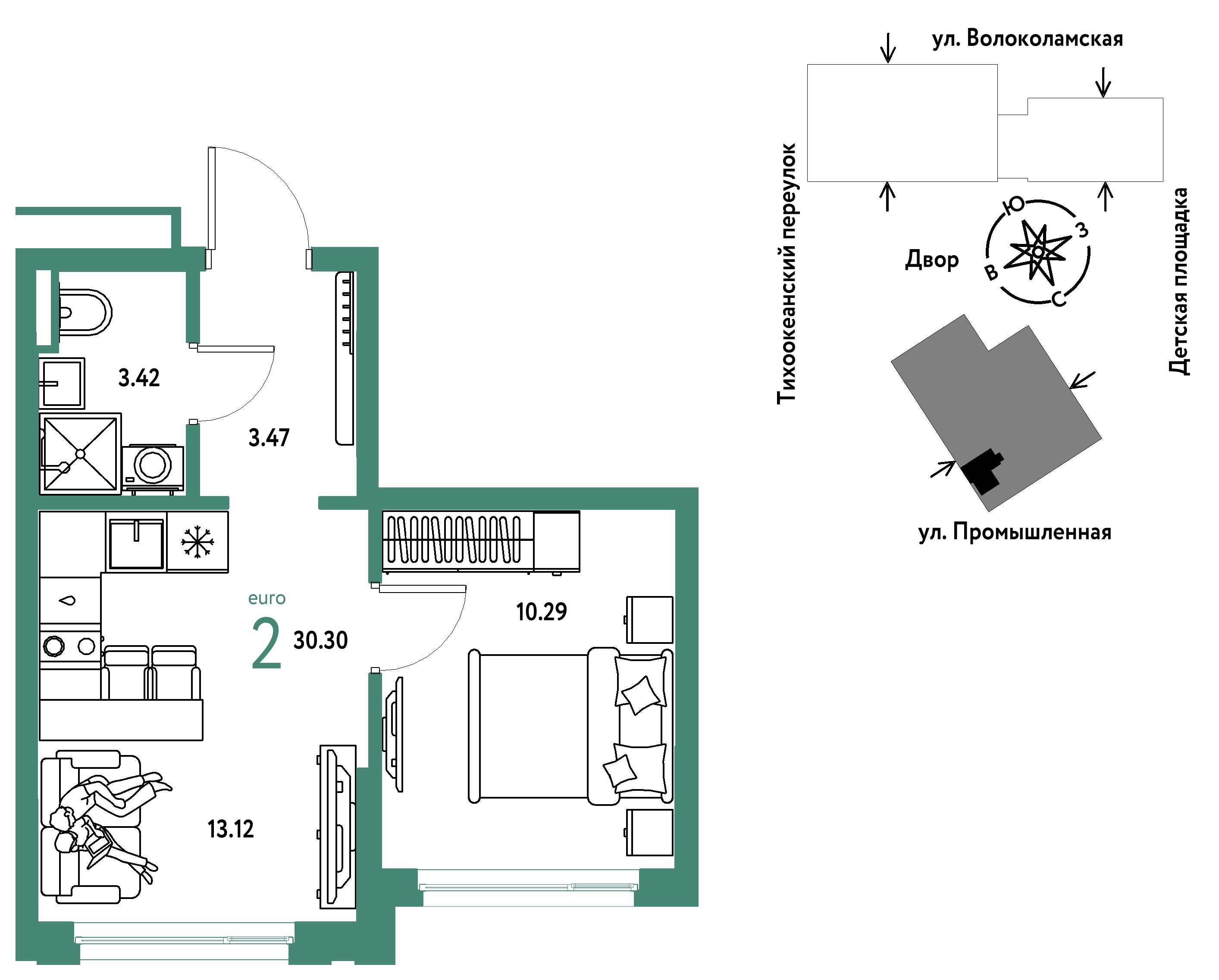 2-комнатная 30 м2 в ЖК Страна.Прибрежная корпус null этаж 5