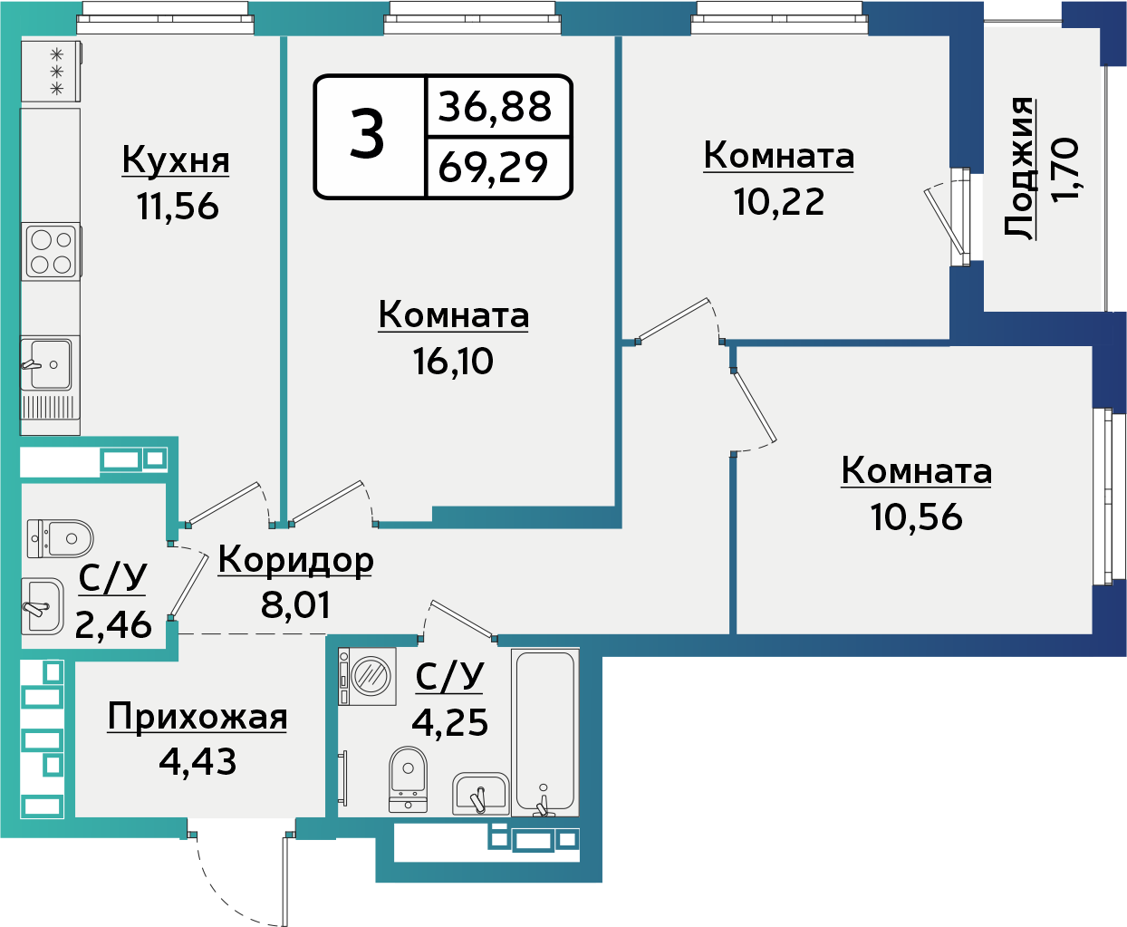 3-комнатная 69 м2 в ЖК БЕРША СИТИ корпус null этаж 4