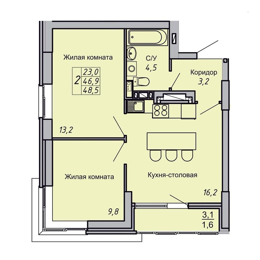 2-комнатная 48 м2 в ЖК Засекин корпус null этаж 7