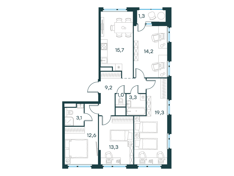 4-комнатная 93 м2 в ЖК Левел Лесной корпус null этаж 9