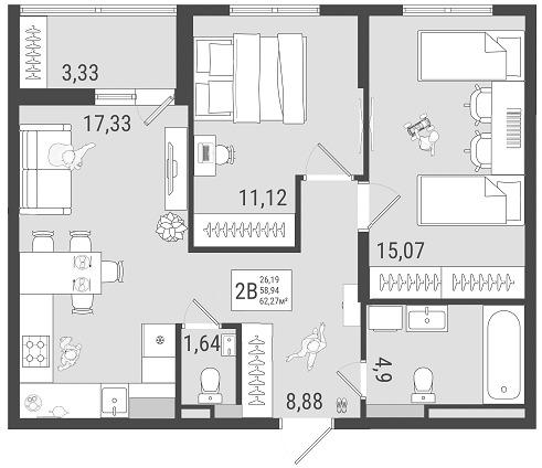 2-комнатная 60 м2 в ЖК Юго-Западный корпус null этаж 13
