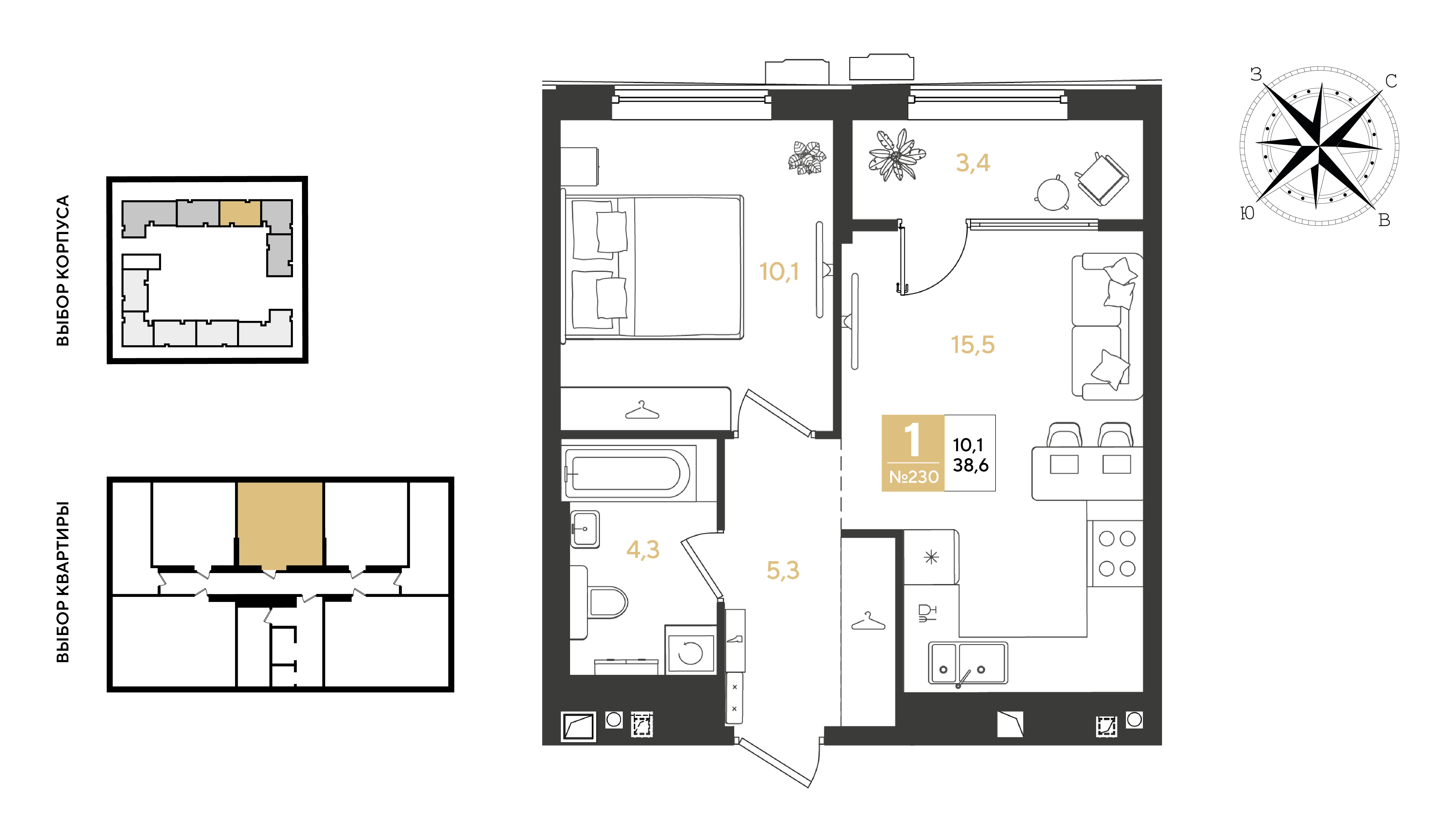 1-комнатная 38 м2 в ЖК Квартал Самолет корпус null этаж 2