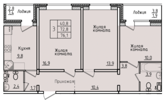 3-комнатная 72.9 м2 в ЖК undefined корпус null этаж 7