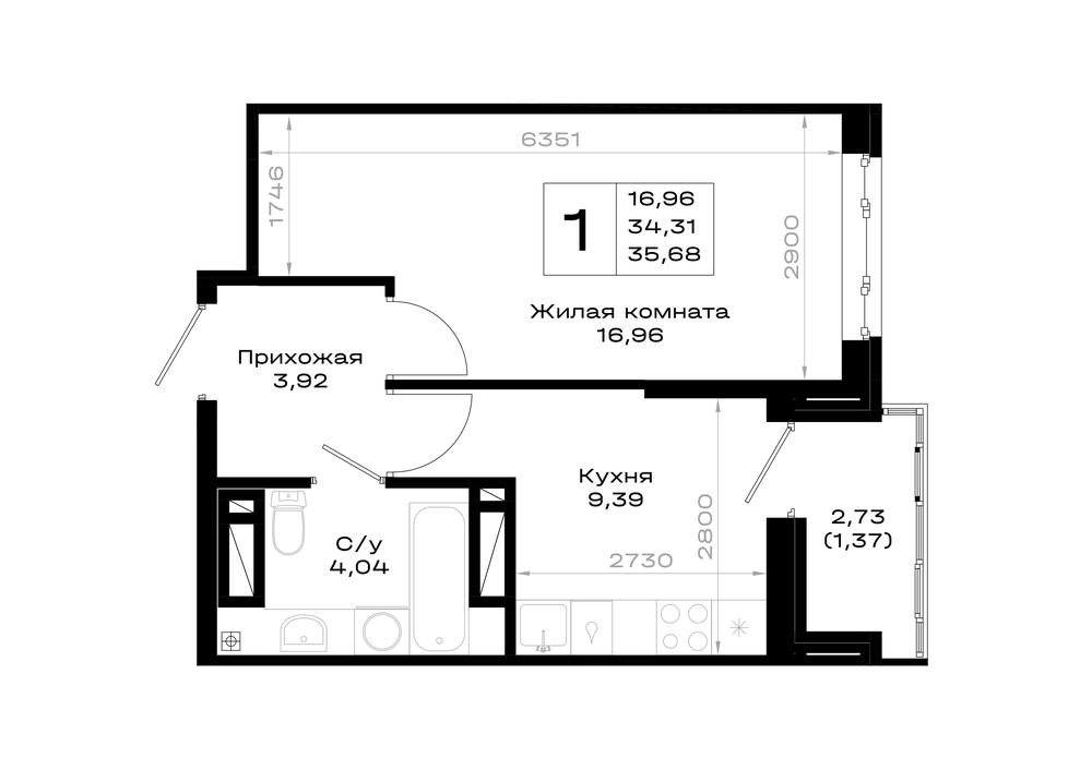 1-комнатная 35 м2 в ЖК Октябрь парк корпус null этаж 4