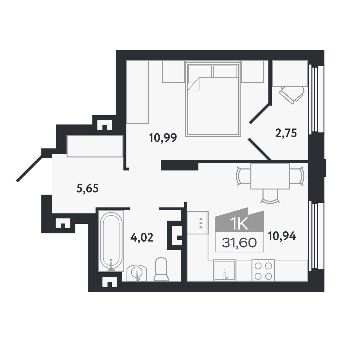 1-комнатная 31 м2 в ЖК Квартал 1604 корпус null этаж 8