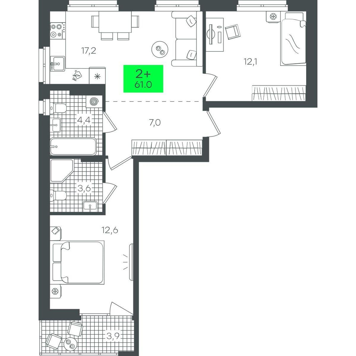 2-комнатная 61 м2 в ЖК Гранд Квартал корпус null этаж 7