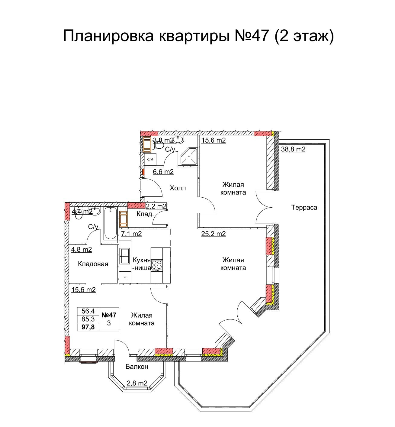3-комнатная 99 м2 в ЖК Клюквенный корпус null этаж 2