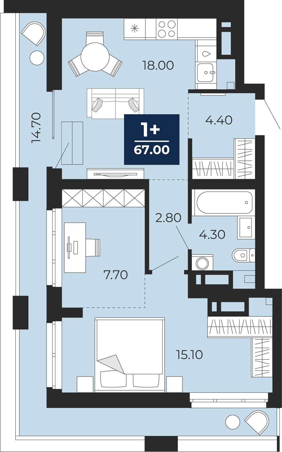 1-комнатная 52 м2 в ЖК Айвазовский корпус null этаж 17