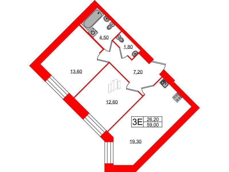 2-комнатная 59 м2 в ЖК Листва корпус null этаж 2