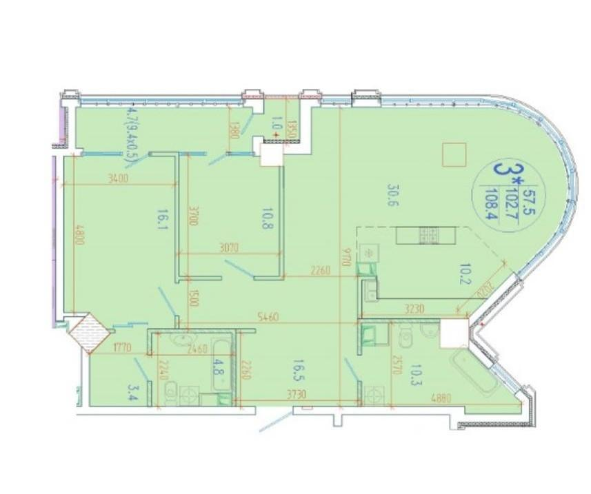 3-комнатная 108.4 м2 в ЖК undefined корпус null этаж 7