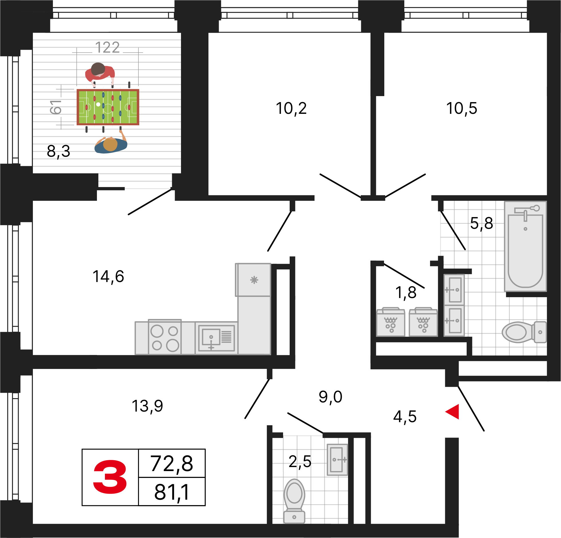 3-комнатная 81 м2 в ЖК Бестселлер корпус null этаж 28