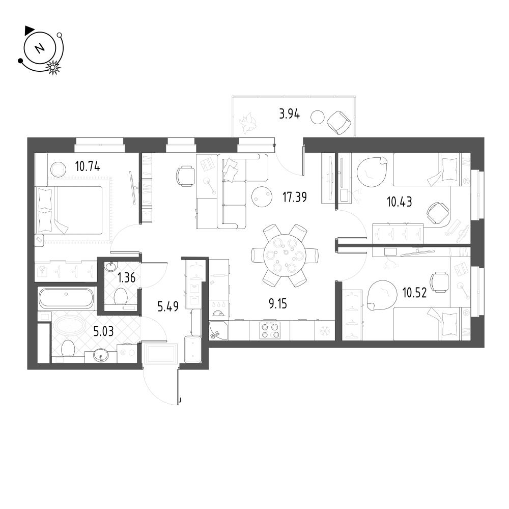 4-комнатная 71 м2 в ЖК Rauta корпус null этаж 22