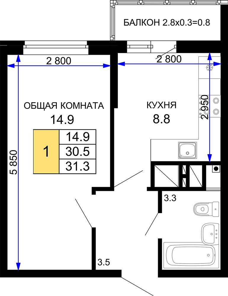 1-комнатная 31.3 м2 в ЖК undefined корпус null этаж 11
