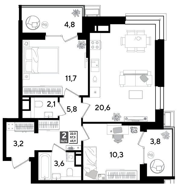 2-комнатная 64 м2 в ЖК Парк Победы 2 корпус null этаж 10
