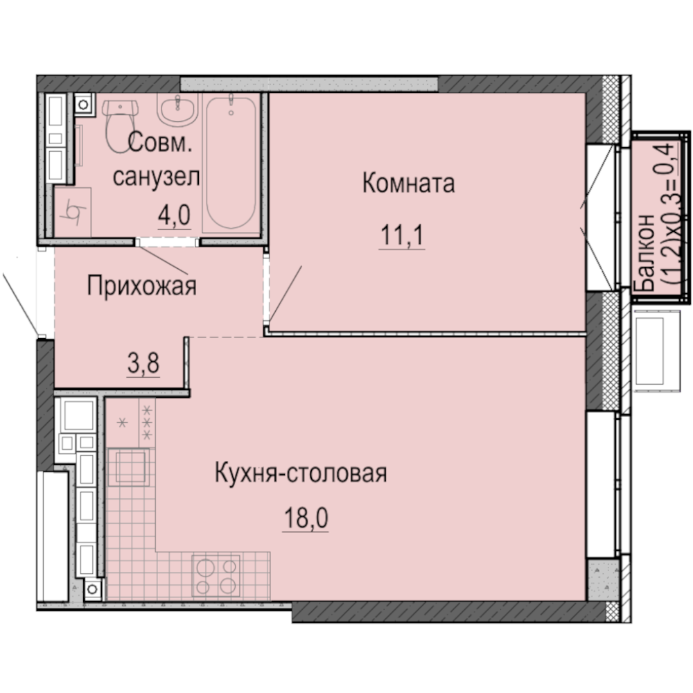 1-комнатная 37 м2 в ЖК А14 корпус null этаж 14