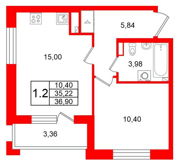 1-комнатная 35 м2 в ЖК Univer City корпус null этаж 2