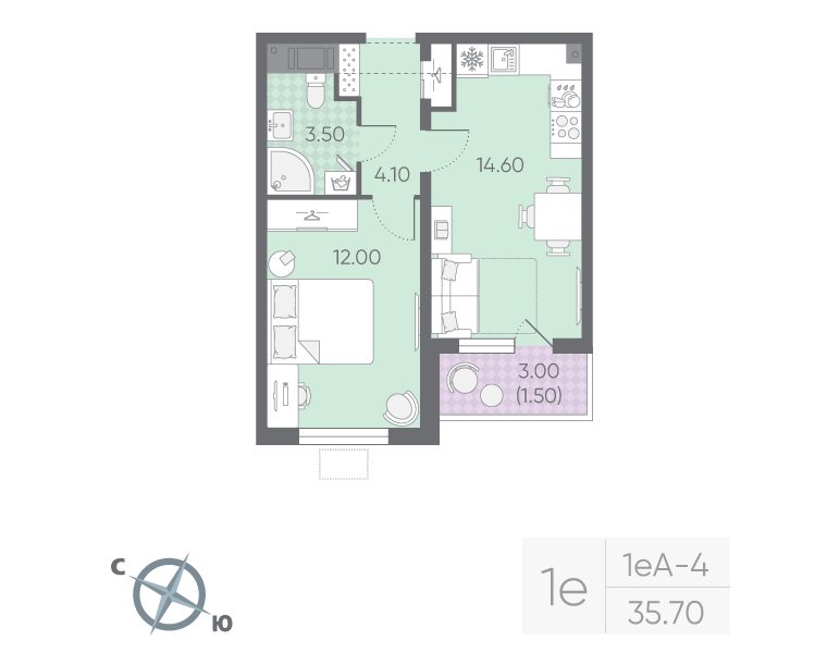 1-комнатная 35 м2 в ЖК Ручьи (2 оч.) корпус null этаж 14