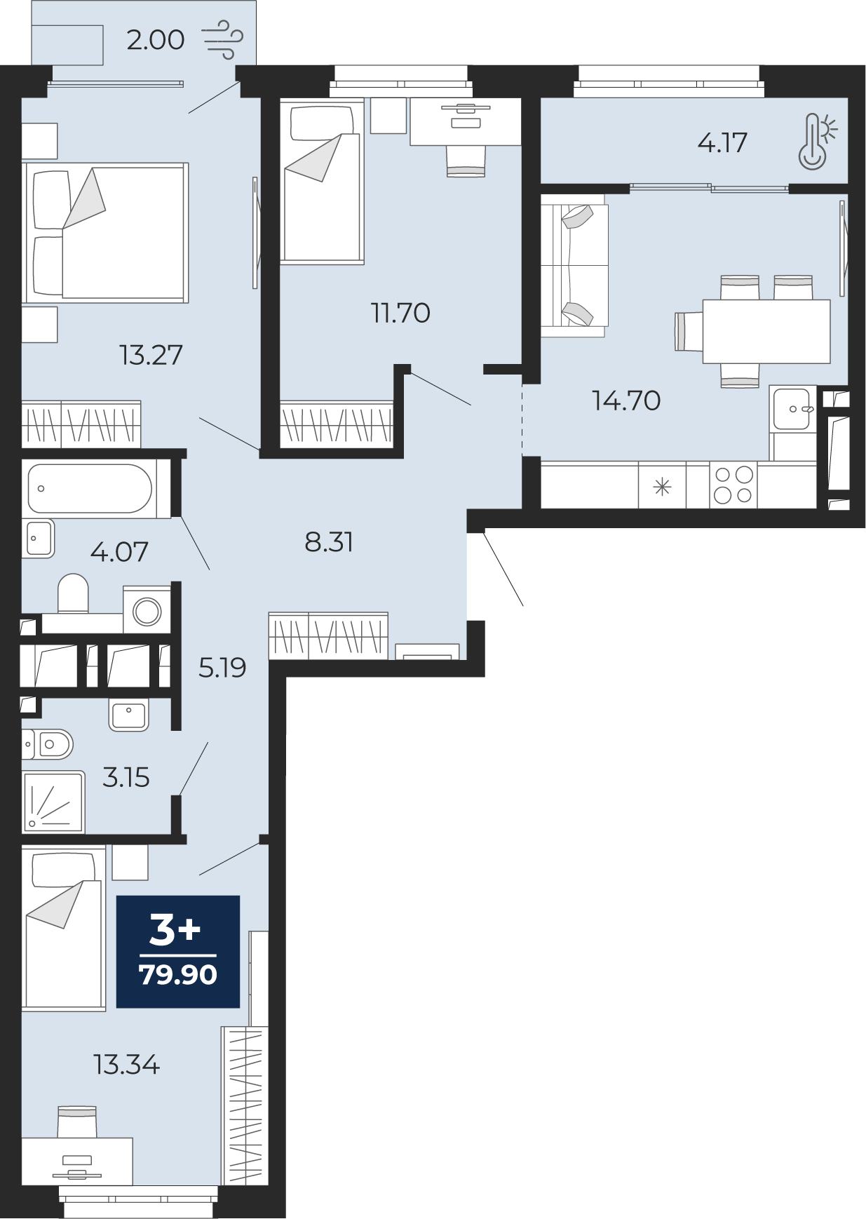 3-комнатная 77 м2 в ЖК Беринг корпус null этаж 13