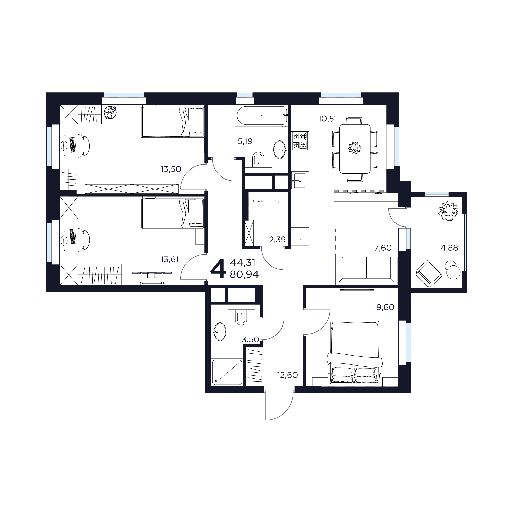 4-комнатная 80 м2 в ЖК ВОСТОК II корпус null этаж 8