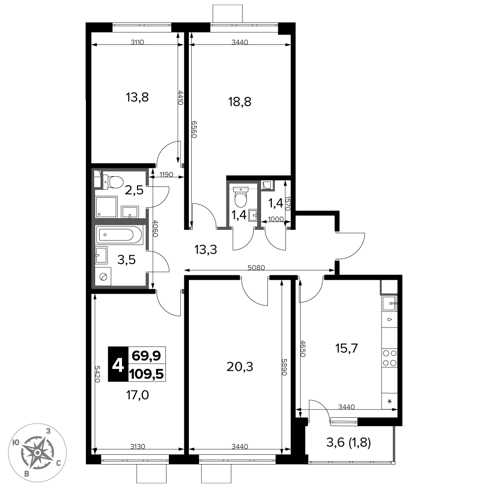 4-комнатная 109 м2 в ЖК 1-й Донской корпус null этаж 20