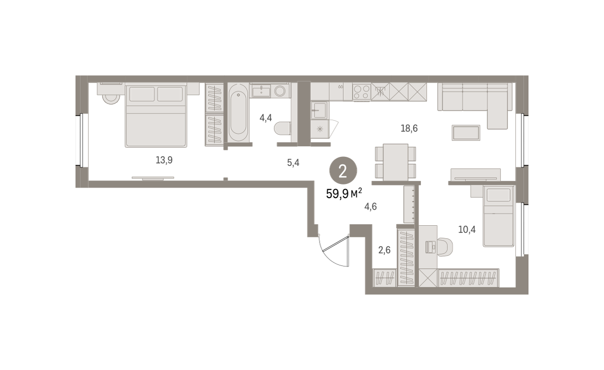 2-комнатная 59 м2 в ЖК Северный ветер корпус null этаж 3