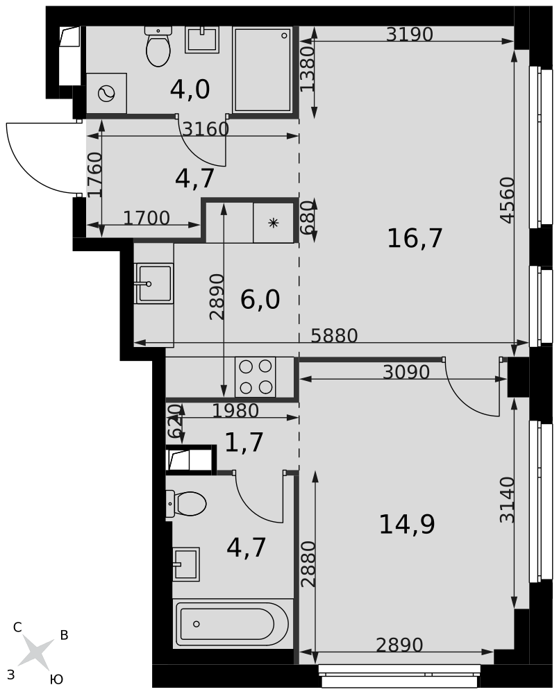 2-комнатная 52 м2 в ЖК Сидней Сити корпус null этаж 2