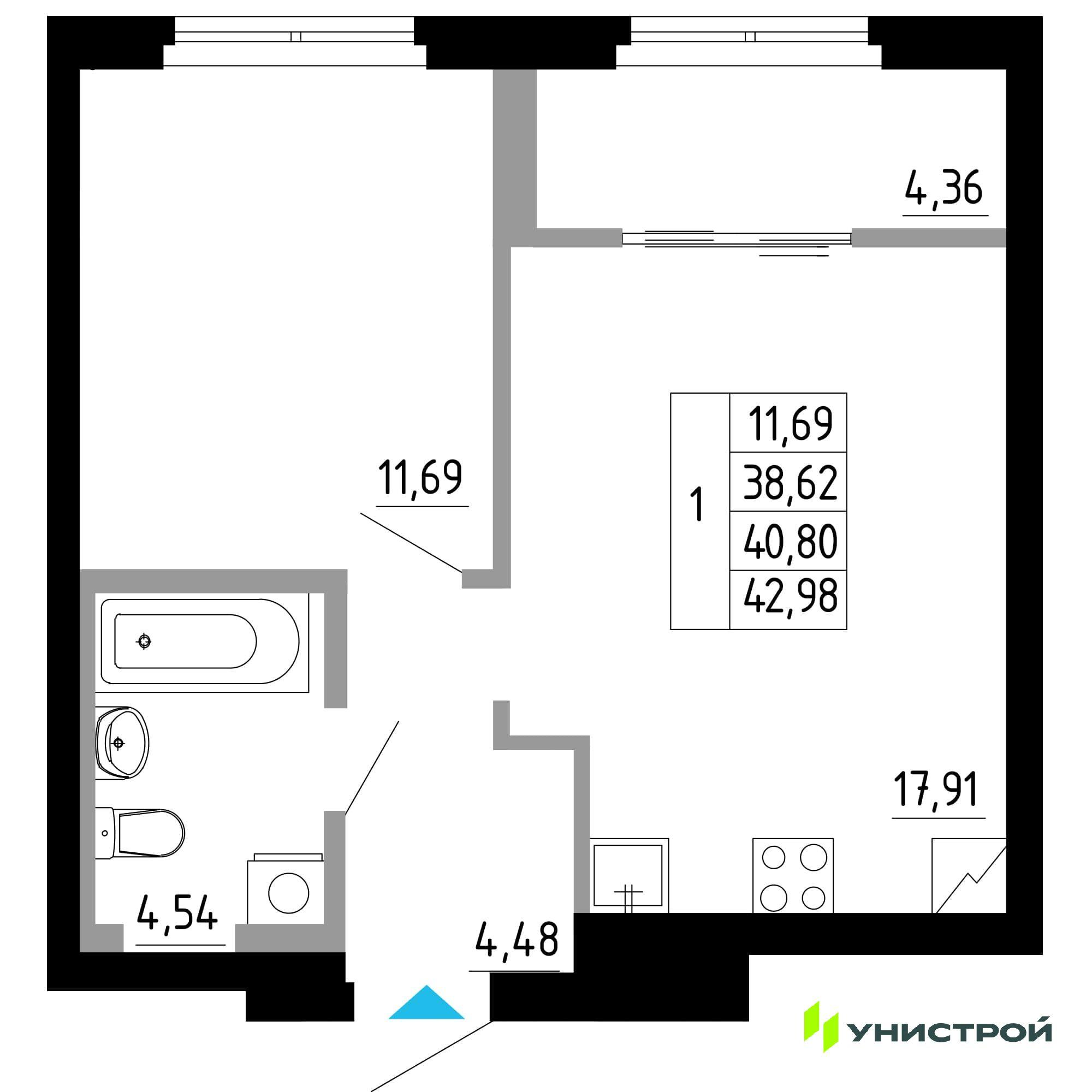 1-комнатная 40 м2 в ЖК Небосклоны корпус null этаж 7