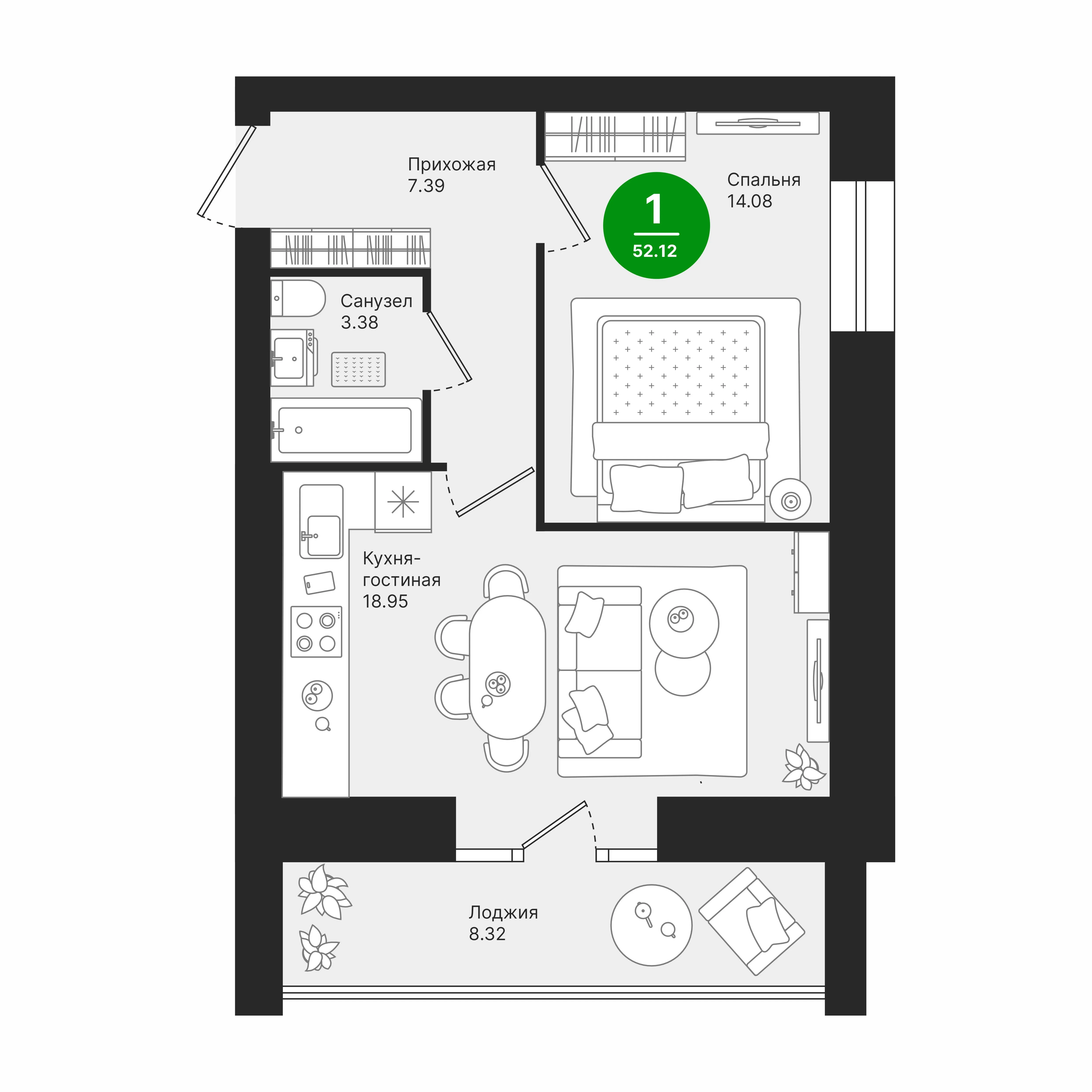 1-комнатная 52 м2 в ЖК Поз 1 ул. Павленко корпус null этаж 9