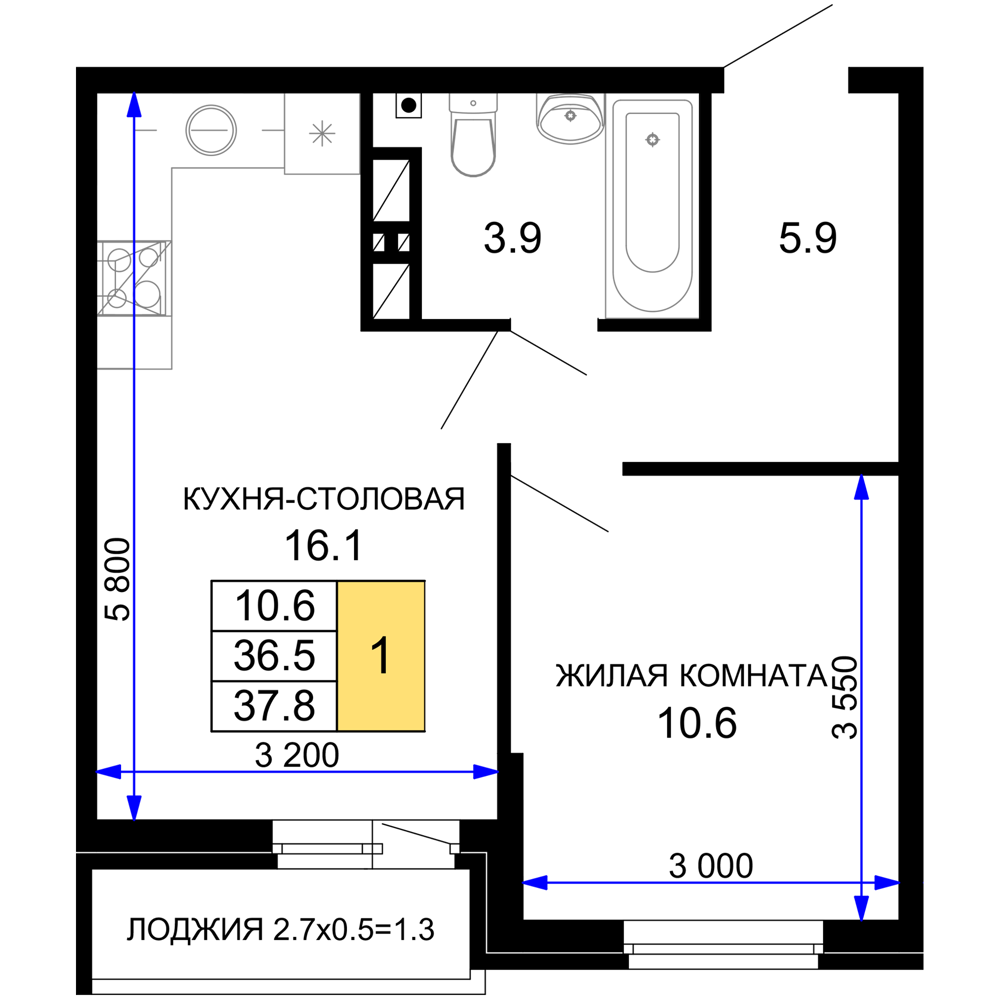 1-комнатная 38 м2 в ЖК Дыхание корпус null этаж 9