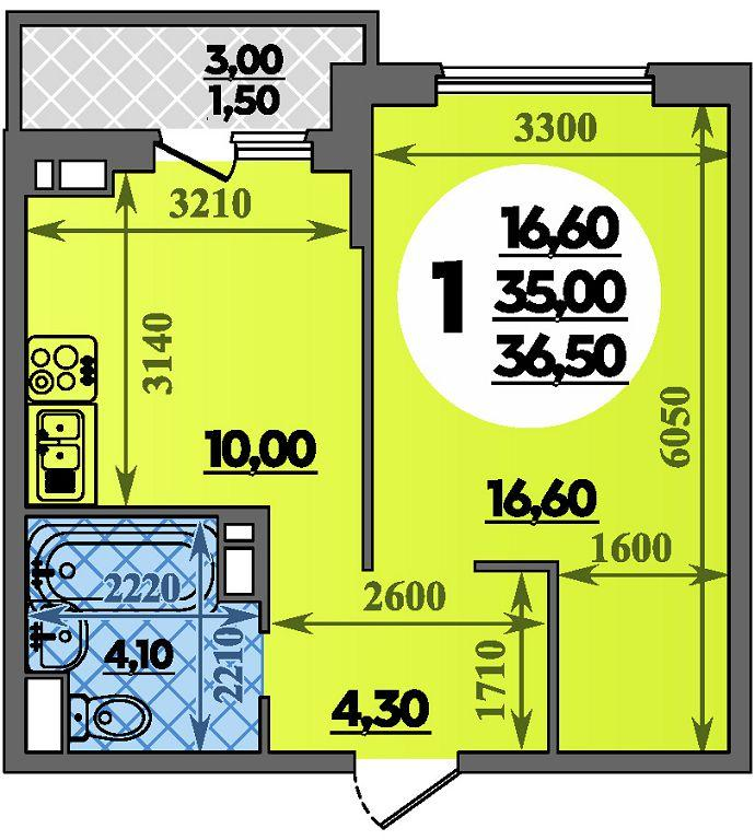 1-комнатная 36 м2 в ЖК Парк у дома корпус null этаж 2