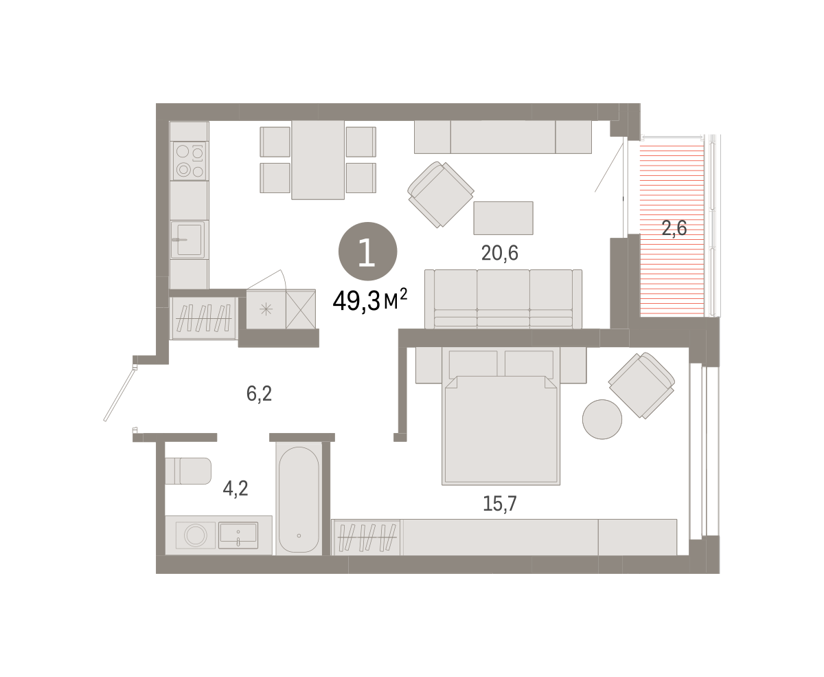 1-комнатная 49 м2 в ЖК Квартал Нефть корпус null этаж 4